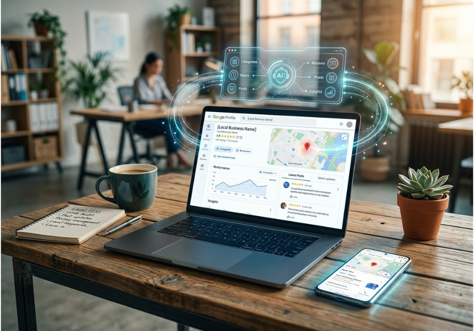 AI tools for Google Business Profile optimization 2025 — laptop showing GBP dashboard with AI agent interface managing categories, reviews, and posts.
