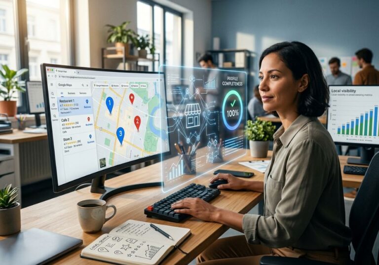AI tools optimizing Google Business Profile dashboard for local SEO.