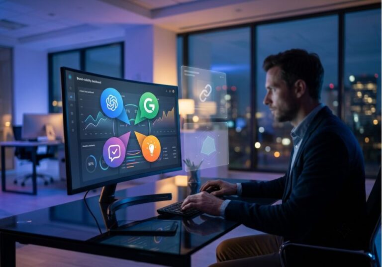 Analyst reviewing an AI brand visibility dashboard with charts and c.hatbot icons on a monitor at night