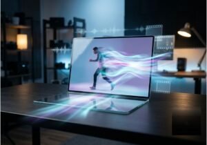 Laptop screen showing a person transforming into motion streaks, representing AI turning a still photo into video.