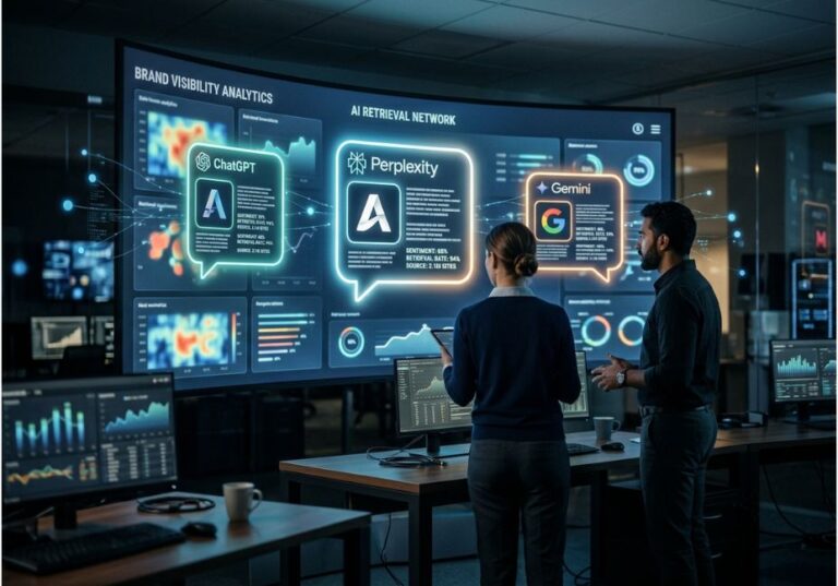 Two analysts reviewing a brand visibility dashboard showing AI retrieval results from ChatGPT, Perplexity, and Gemini