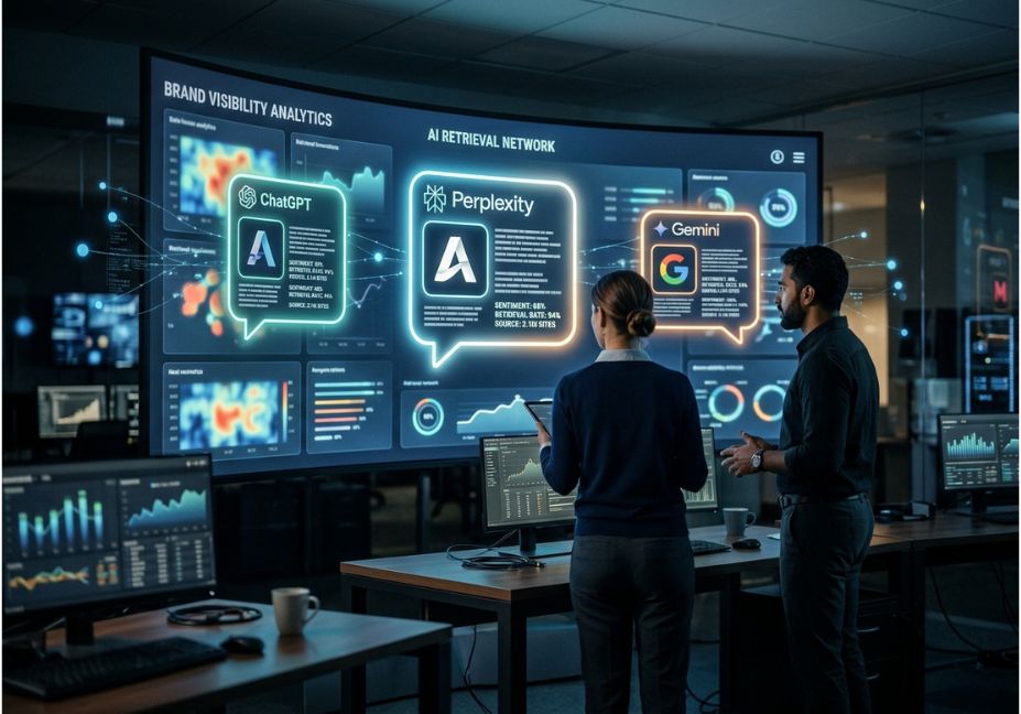 Two analysts reviewing a brand visibility dashboard showing AI retrieval results from ChatGPT, Perplexity, and Gemini