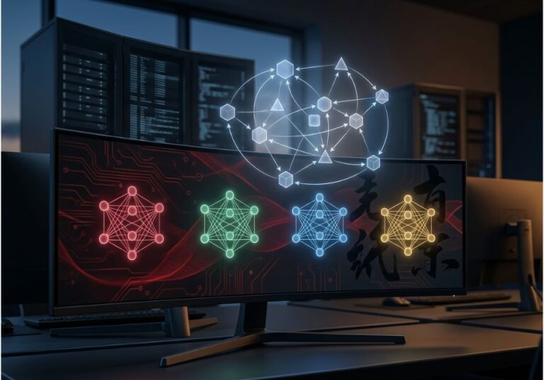 Developer workstation displaying glowing neural network diagrams representing Chinese AI models for building autonomous agent.