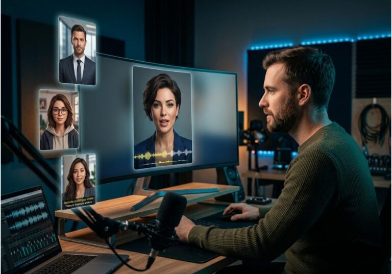 Podcast creator at a desk selecting an AI avatar from multiple digital face options on a monitor