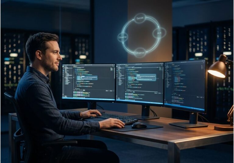 Image 1 (Featured Image): Alt text: Developer using Copilot Agent Mode across multiple code editors with a sense-observe-act loop displayed above the desk.