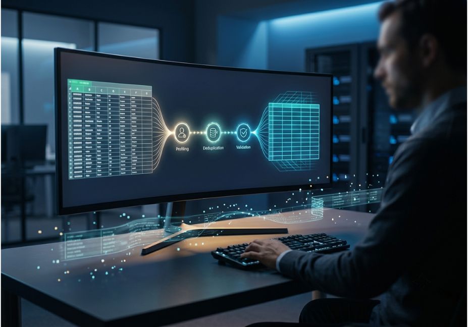 Data engineer analyzing AI-powered data cleansing process on screen showing profiling, deduplication, and validation steps.
