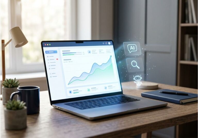 Laptop showing rising Shopify conversion rate graph with AI tool icons on desk.