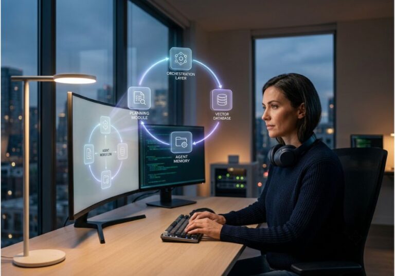 Person working on AI automation system with agent memory and orchestration workflow.