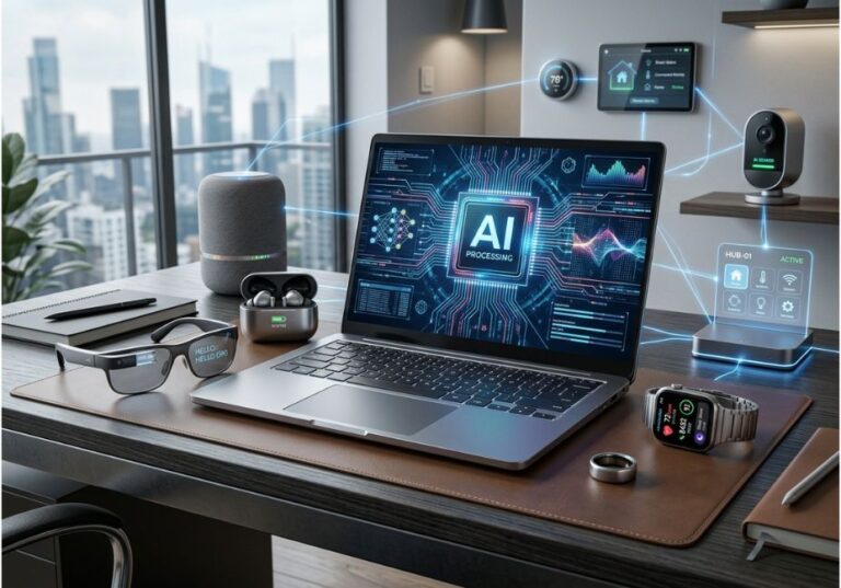 AI-powered gadgets including laptop, smart glasses, smartwatch, earbuds, and smart home devices in 2025.