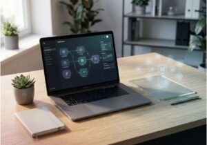 Laptop showing AI workflow dashboard on desk with glowing automation network icons