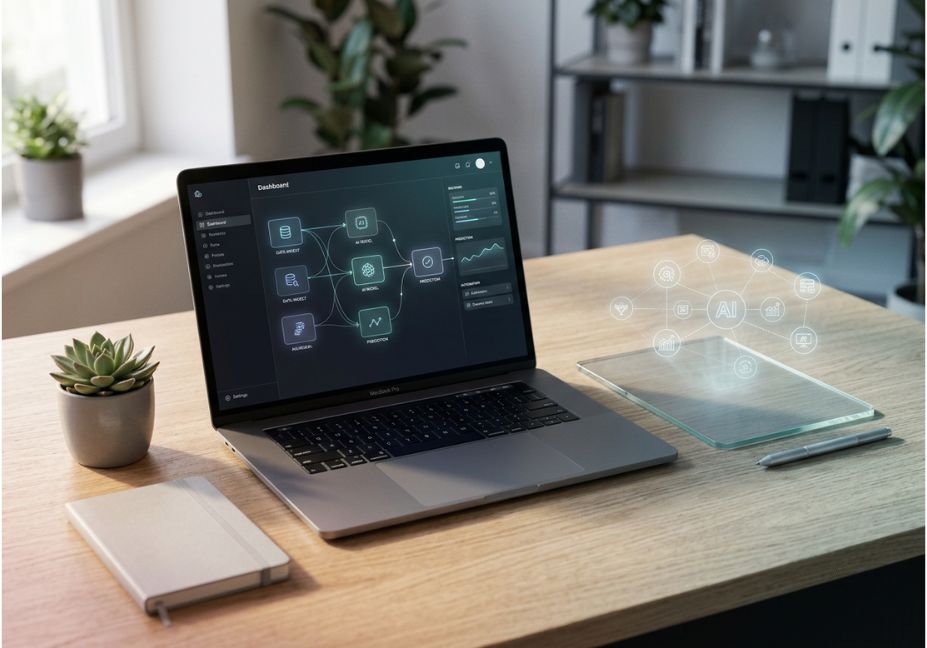 Laptop showing AI workflow dashboard on desk with glowing automation network icons