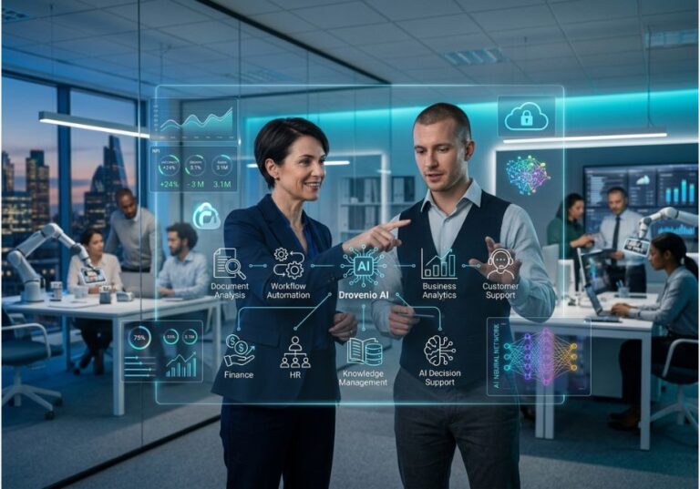 Business professionals using Drovenio AI dashboard for enterprise workflow automation and business analytics.