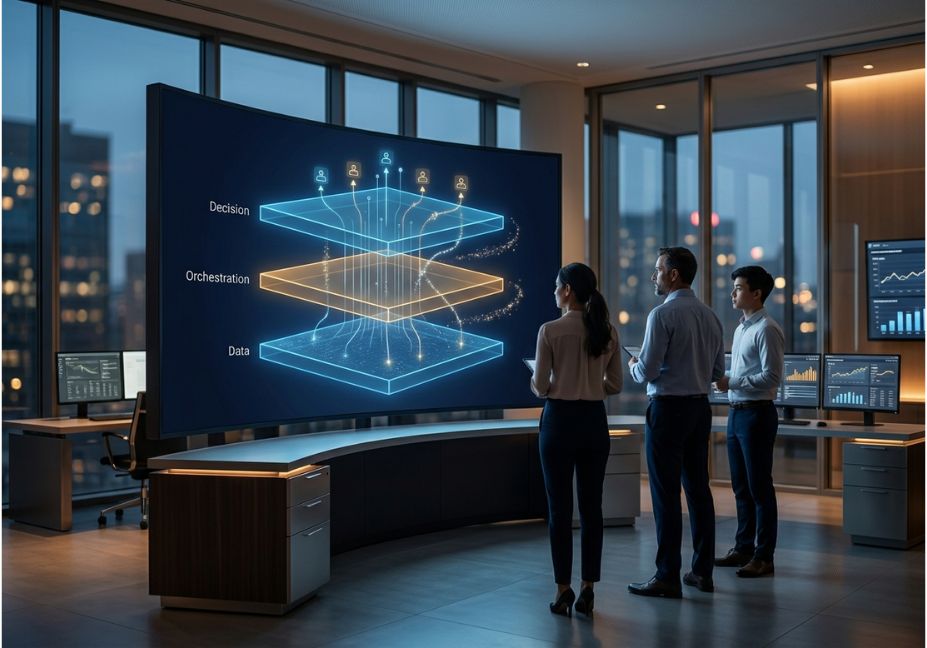 Executives reviewing a three-layer AI digital transformation model showing decision, orchestration, and data layers