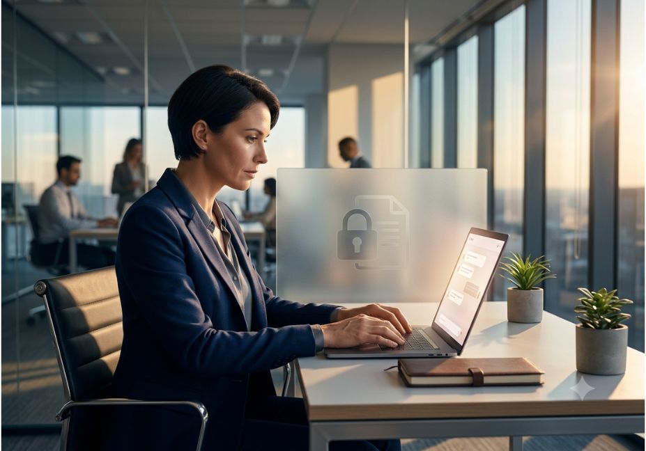 Employee using a laptop in an office with a secure document lock icon, representing company IP protection with AI tools.