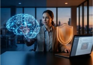 Businesswoman at a laptop with a security alert, flanked by a glowing AI brain and shield graphic representing AI safety versus security