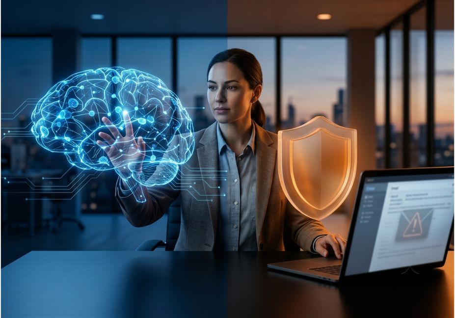 Businesswoman at a laptop with a security alert, flanked by a glowing AI brain and shield graphic representing AI safety versus security