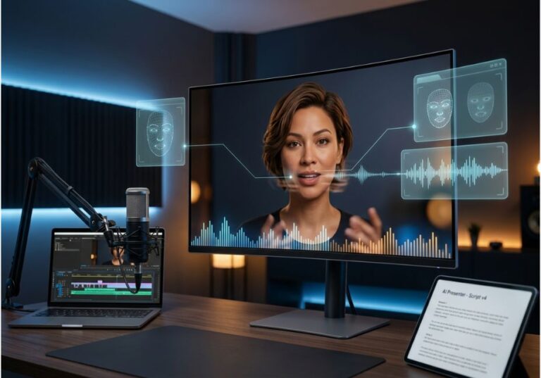 AI avatar presenter on screen with lip-sync waveform and facial mapping overlays in a video production studio.