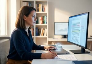 Editor reviewing AI-refined document on screen while marking up a printed draft with red pen