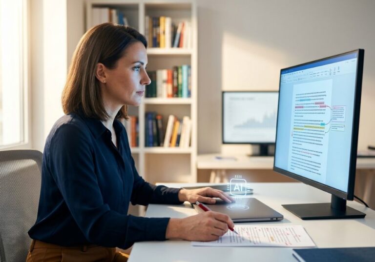 Editor reviewing AI-refined document on screen while marking up a printed draft with red pen