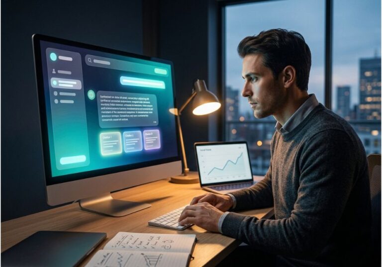 Marketer analyzing AI Mode citation results on a glowing dashboard screen at night, with a trend graph on a laptop nearby