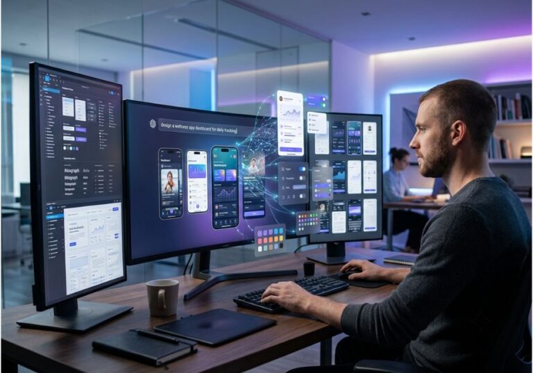 Designer using Galileo AI to generate UI mockups and app screens across multiple monitors