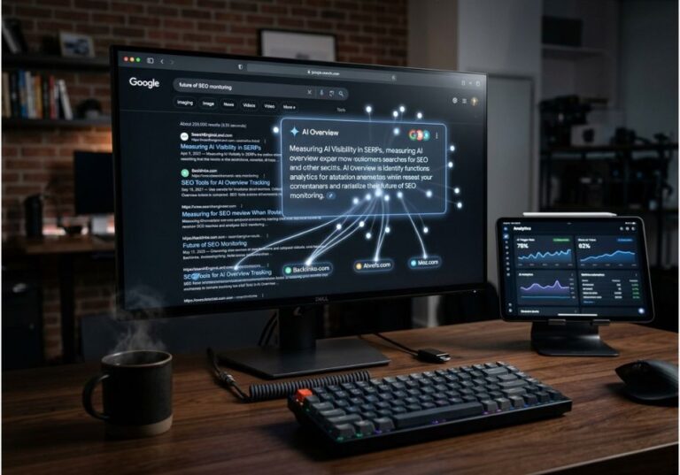 Developer workstation showing Google AI Overview search results with citation tracking dashboard on tablet