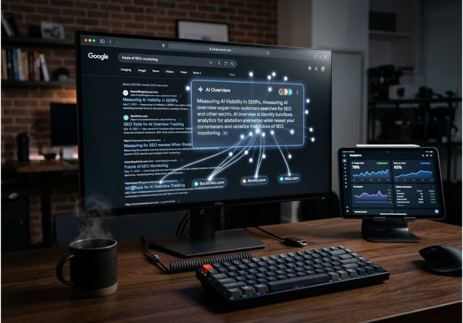 Developer workstation showing Google AI Overview search results with citation tracking dashboard on tablet