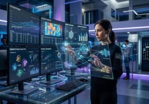 Analyst comparing AI search optimization platforms using multi-screen data dashboards and holographic interface