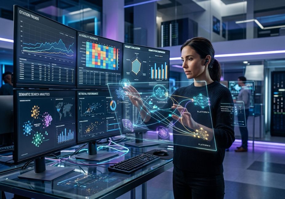 Analyst comparing AI search optimization platforms using multi-screen data dashboards and holographic interface