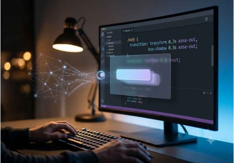 Developer coding CSS transition animations with AI-generated code preview on monitor