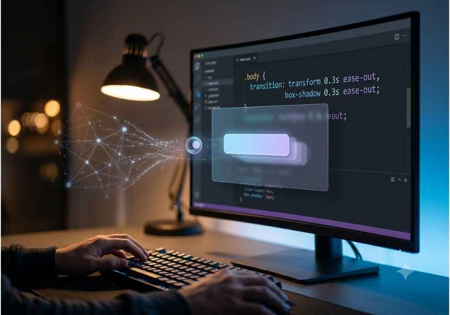 Developer coding CSS transition animations with AI-generated code preview on monitor