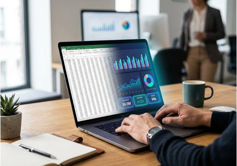 Person converting Excel spreadsheet data into a live dashboard with charts on a laptop screen