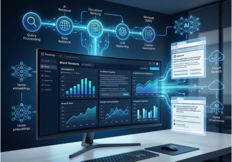 Perplexity AI brand mention monitoring dashboard showing AI citation tracking and visibility analytics.