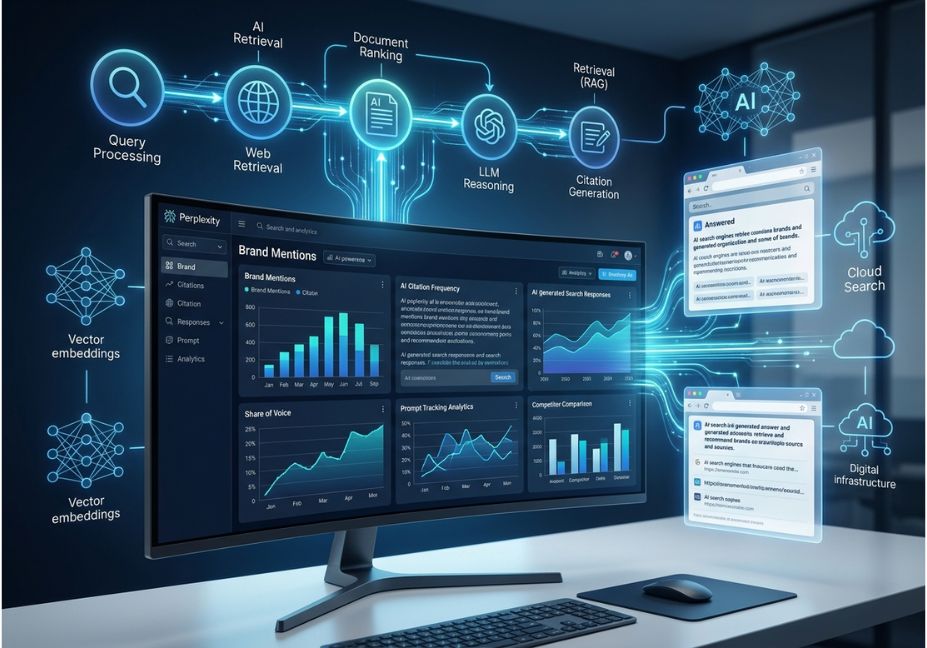 Perplexity AI brand mention monitoring dashboard showing AI citation tracking and visibility analytics.