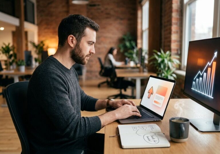 Founder optimizing a Product Hunt launch profile on a laptop showing upvote growth chart