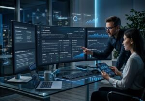 SEO team analyzing an AI Overview rank tracker dashboard with SERP data on multiple monitors.