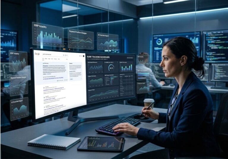 SEO analyst monitoring an AI Overview rank tracking dashboard with SERP volatility and keyword position data.