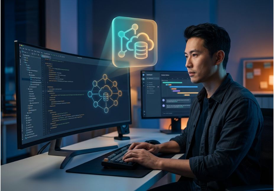 Developer working with Spring AI Alibaba prompt tools on a dual-monitor coding setup with cloud config icon.