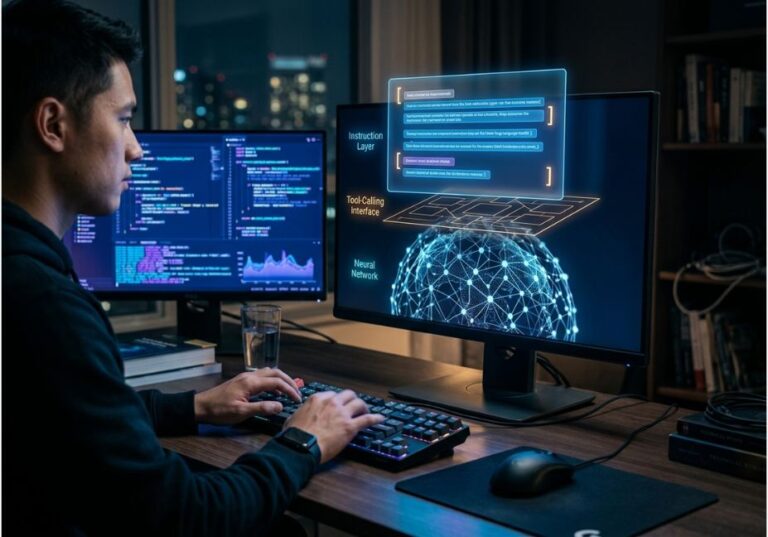 Developer analyzing AI system prompt layers, neural network, and tool-calling interface on dual monitors.