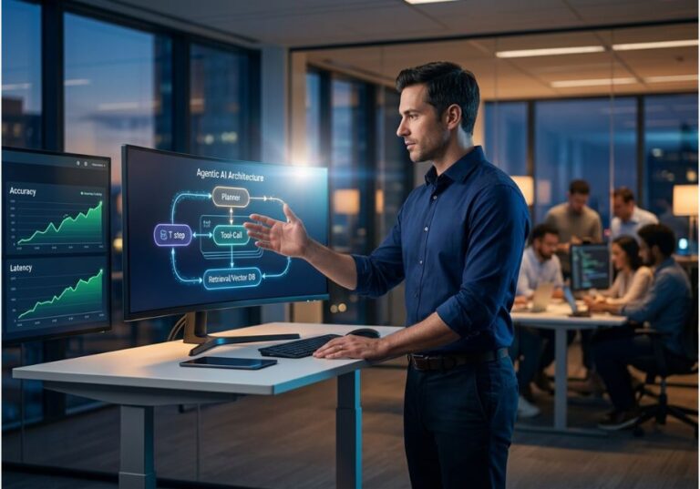 Technical post-sales leader presenting agentic AI architecture with planner, tool-call, and retrieval layers on office monitor