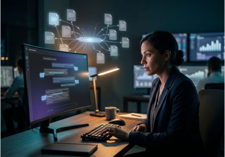 Analyst reviewing AI Mode citation dashboard with glowing source network on screen.