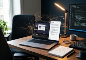 Laptop showing AI-generated video notes beside a YouTube tutorial and code editor on a desk