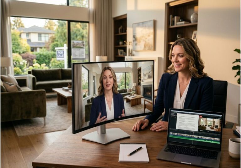 Real estate agent viewing AI avatar video walkthrough on monitor beside listing.