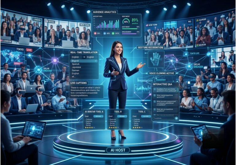 AI avatar hosting a virtual event with live translation, analytics, and interactive audience engagement.
