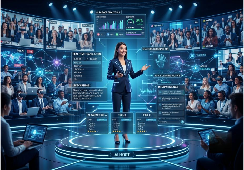 AI avatar hosting a virtual event with live translation, analytics, and interactive audience engagement.