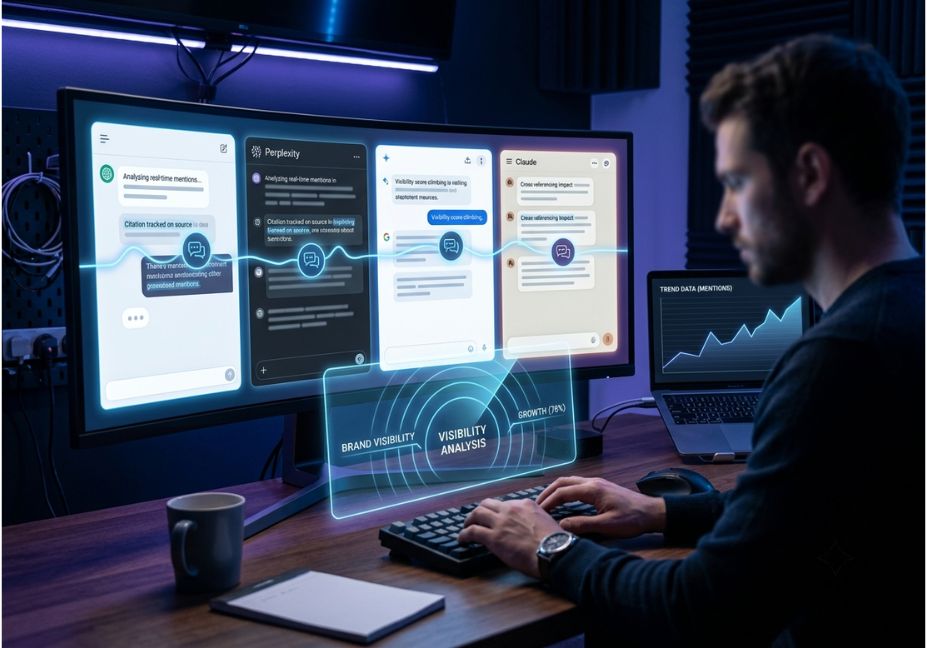 Person analyzing AI search visibility across multiple AI platforms.