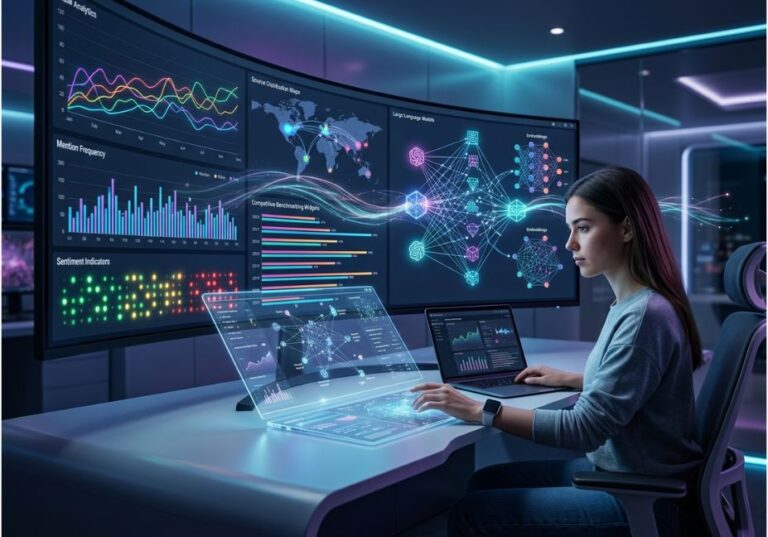 AI analyst monitoring LLM mentions on advanced analytics dashboard