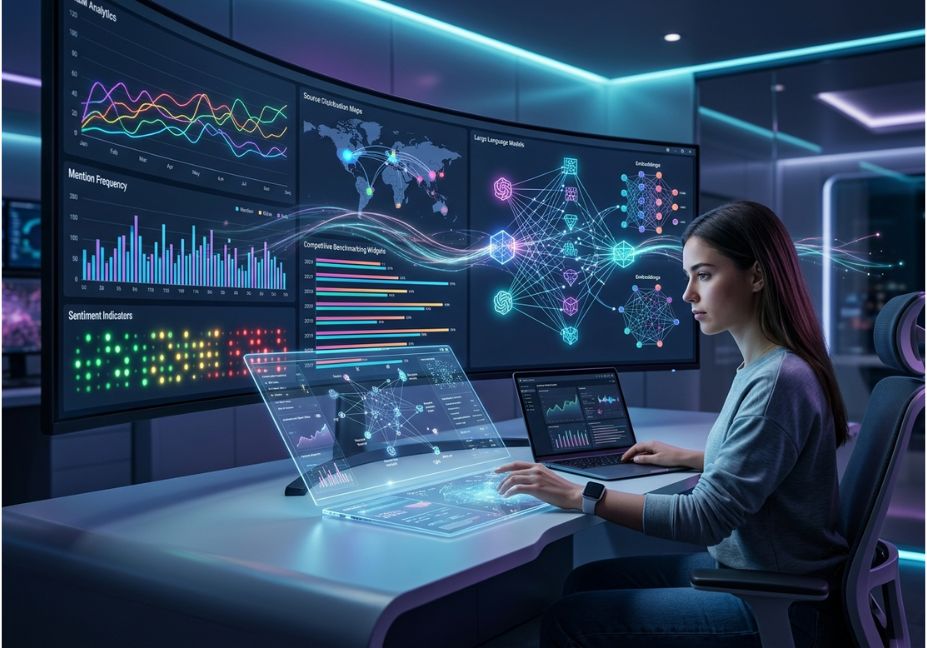 AI analyst monitoring LLM mentions on advanced analytics dashboard
