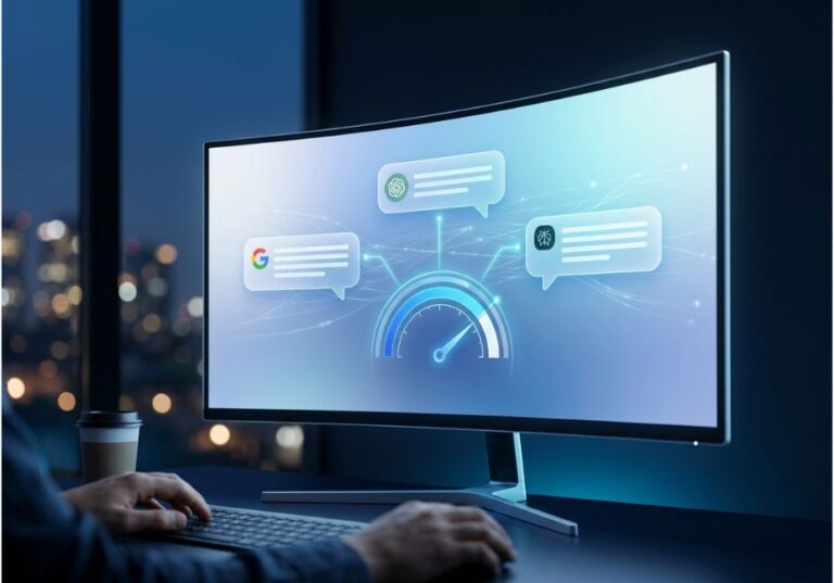 Ultrawide monitor displaying AI search icons for Google, ChatGPT, and Perplexity connected to a visibility score gauge, representing the ZipTie AI search performance tool.