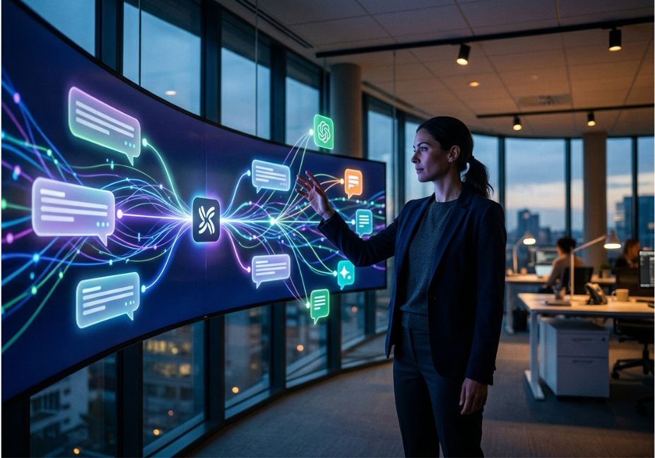 Person interacting with AI search visibility dashboard in a modern office.